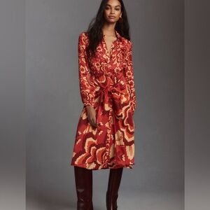 Farm Rio Long-Sleeve V-Neck Floral Midi Shirt Dress | Fall Boho Style Size S NWT
